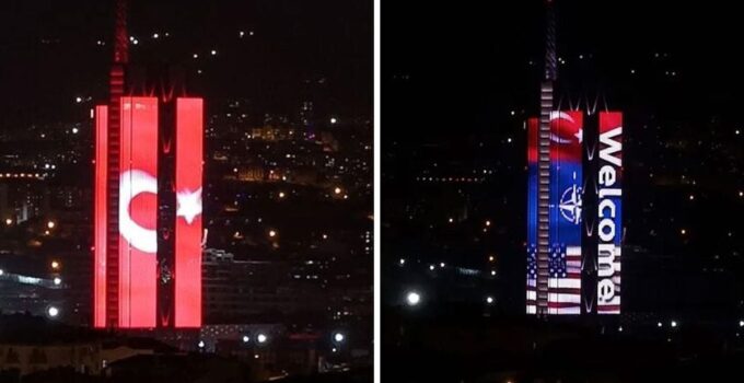 Ankara’da NATO üyesi ülkelerin bayrakları binaya yansıtıldı