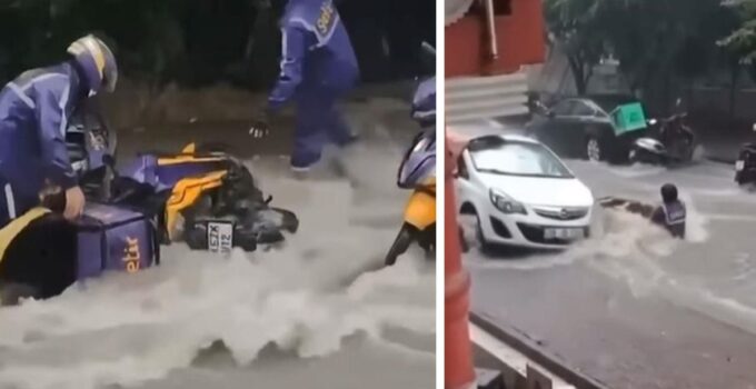 Çekmeköy’de motokuryeler sel sularına kapıldı