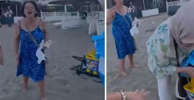 Seferihisar’da türbanlı anne ve kıza plajı dar eden kadın tutuklandı