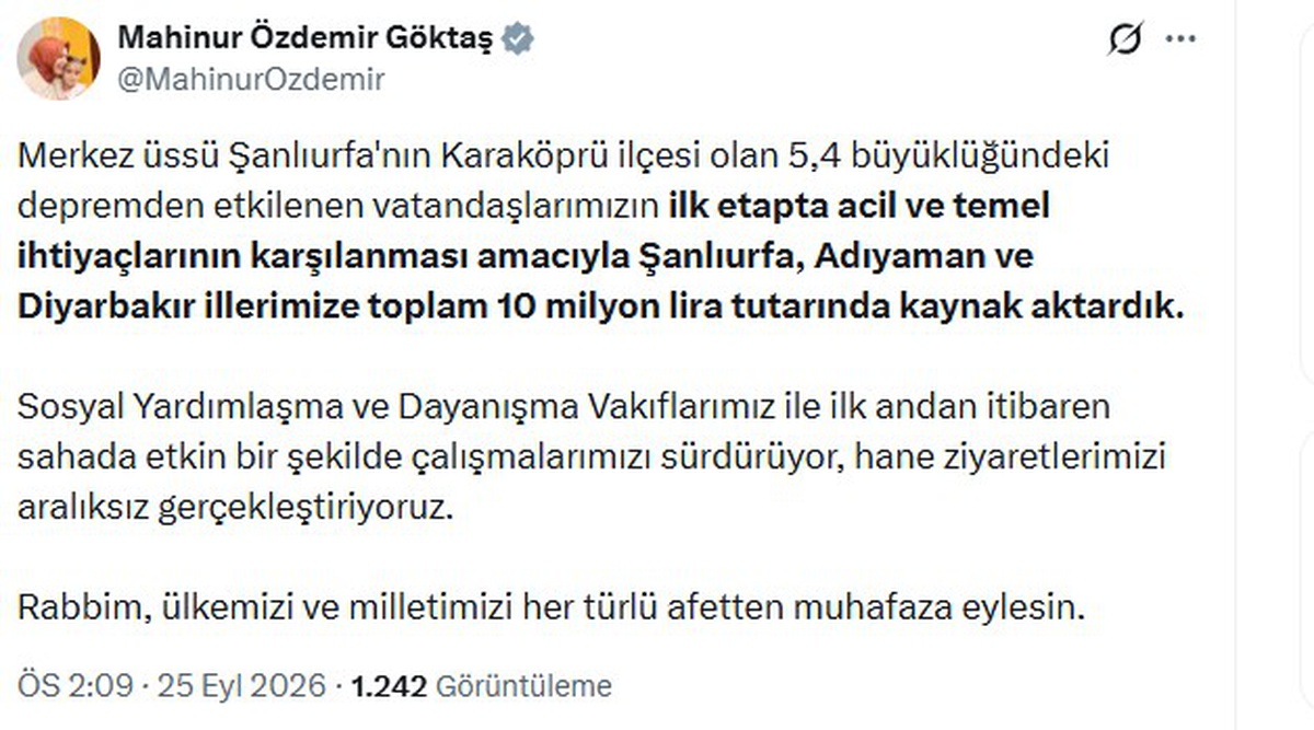 Bakan Göktaş, Şanlıurfa depremi için 10 milyon lira aktarıldığını açıkladı